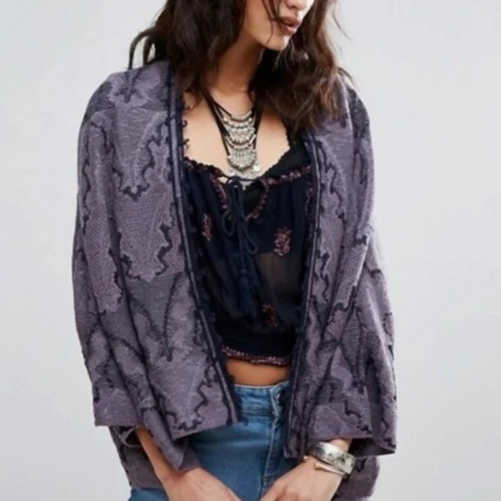 Free People Butterfly Fringe Purple Open Front Cardigan Size XS